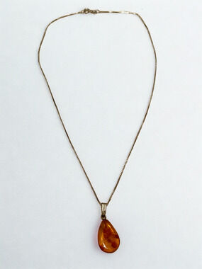 Polished Translucent Cognac Baltic Amber Necklace Pendant w/ Silver Chain